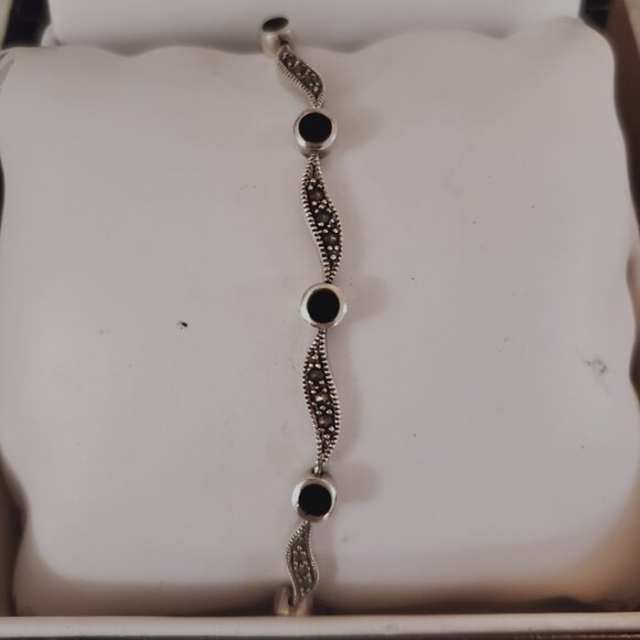 925 STERLING SILVER AGATE & MARCASITE BRACELET - Picture 1 of 5